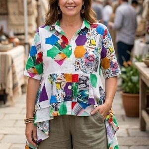 Parsley & Sage 100% Cotton Colorful Patchwork Eclectic Shirt Blouse Top Artsy